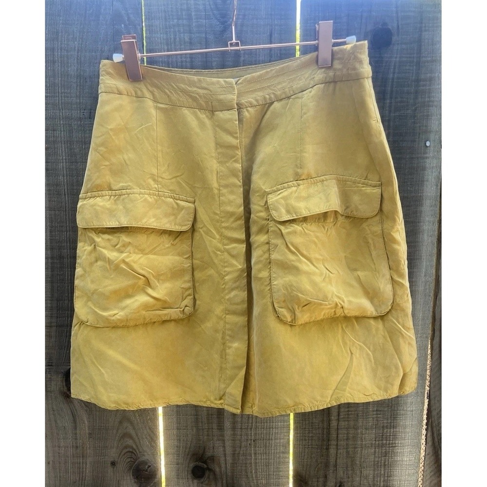 Reiss Yellow Skirt Retro Button Front Size 4 Pockets Viscose vegan Silk Street